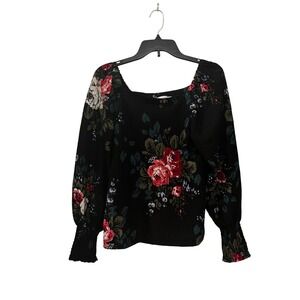 Loft Women's Peasant Blouse Medium Long Sleeve Puffed Sleeves Black Floral